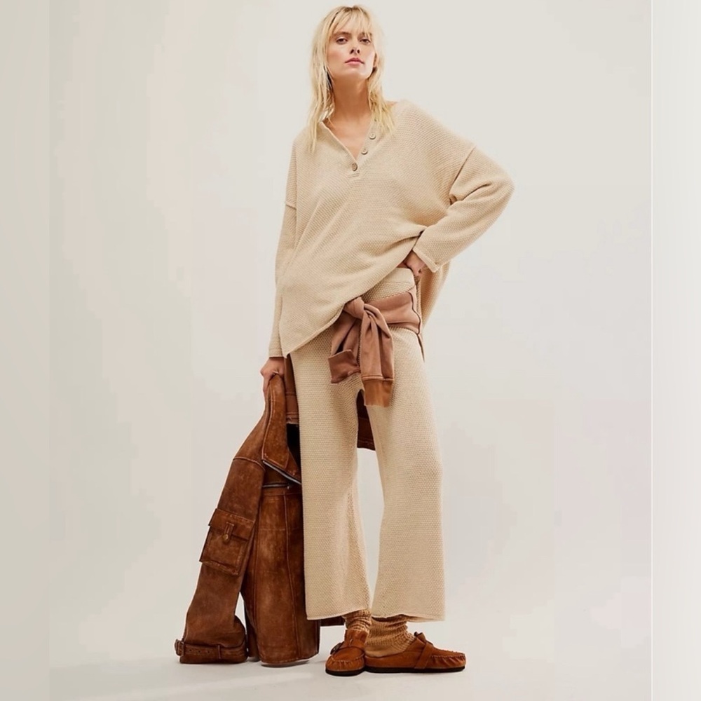 Free People Hailee Sweater Set Matching Two Piece Pants in Au Lait Cream